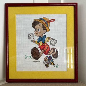 Vintage Framed Pinocchio and Jimney Cricket Needle Print Art